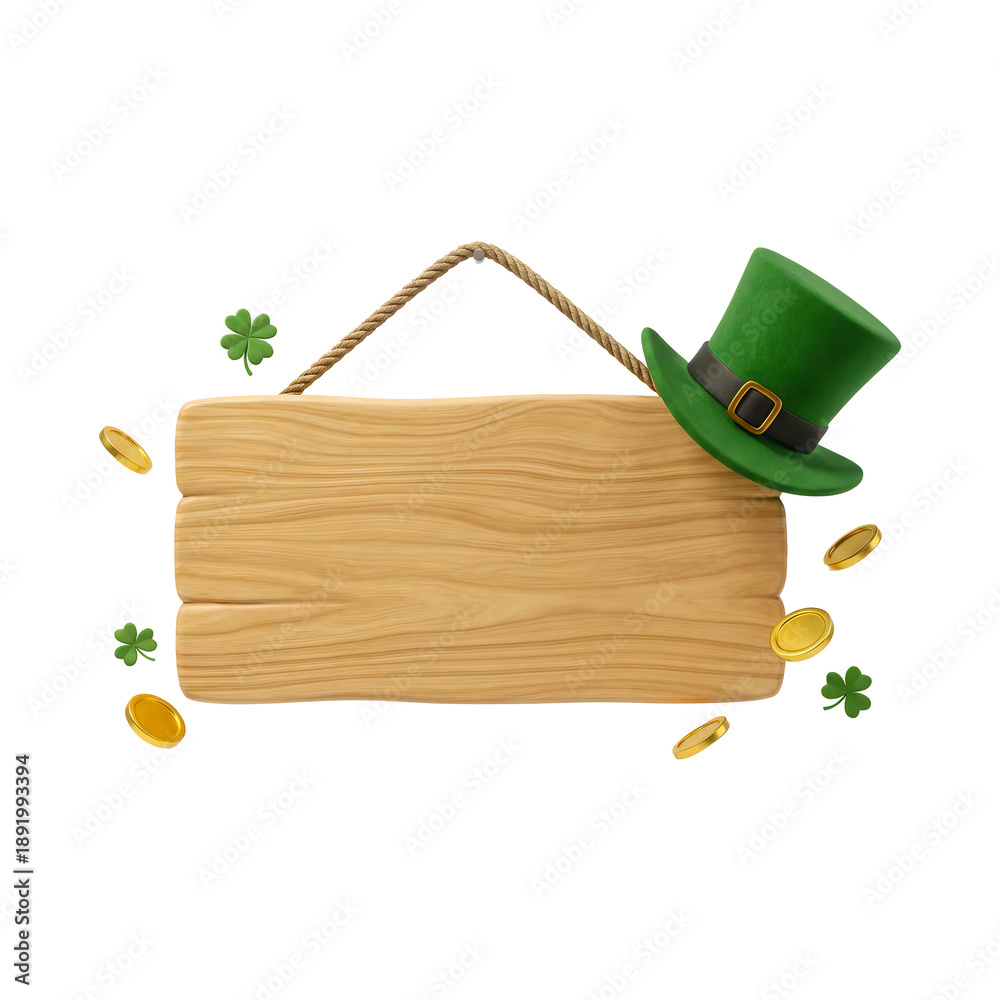 Fototapeta premium Wooden sign with green leprechaun hat and gold coins for Saint Patricks Day celebration.