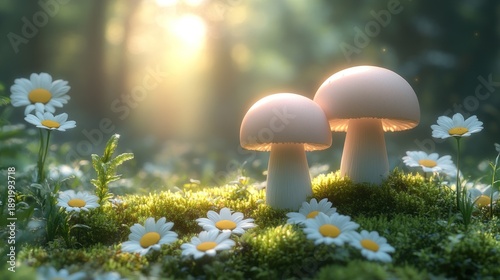 Mushrooms and Daisies in Forest Glade.