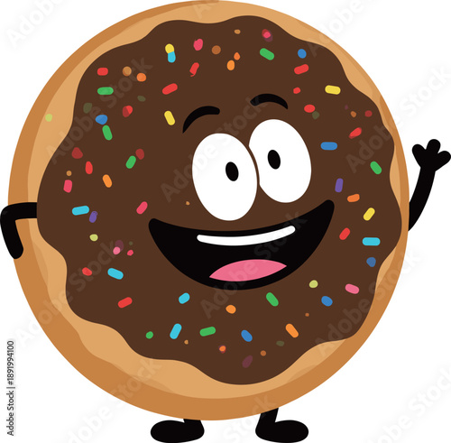 Happy cartoon donut character with chocolate glaze and colorful sprinkles waving hand isolated on white background cute pastry mascot illustration