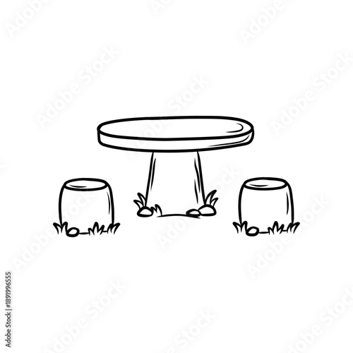 Outdoor Garden Stone Table and Stools Line Art Illustration