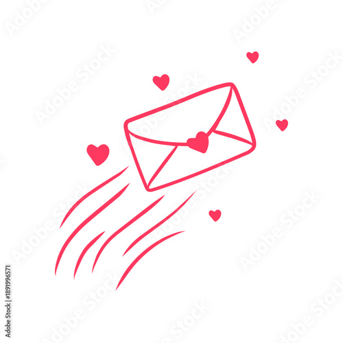 Flying Love Letter Envelope with Pink Hearts Illustration