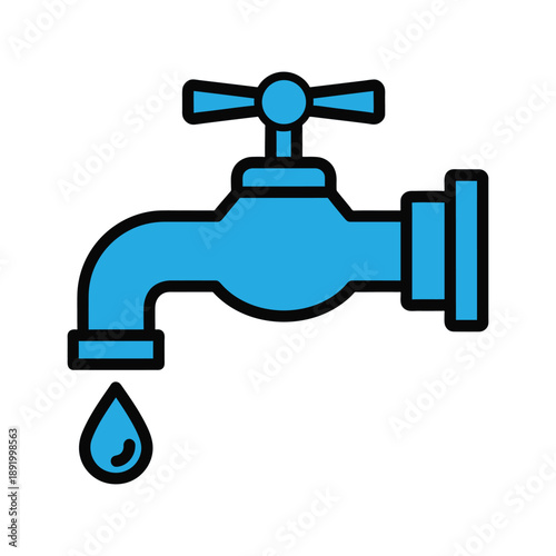 A blue faucet with a single drop of water