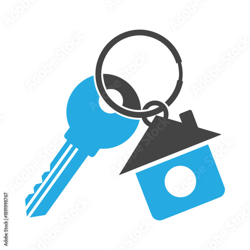 A house key on a keychain with a house shaped fob