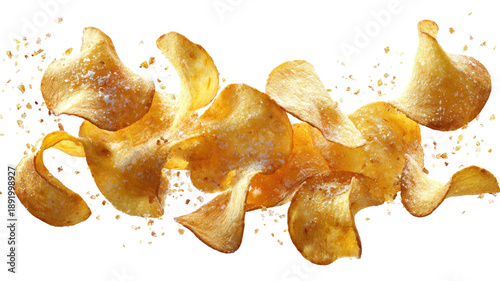 Golden, crispy potato chips with sea salt on a dark backdrop