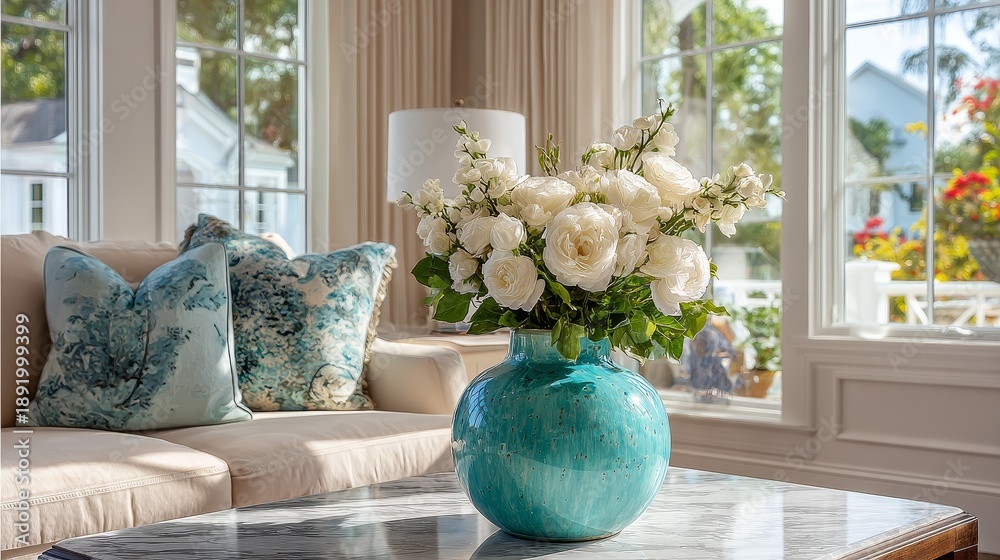 Fototapeta premium Bright and cozy living room interior with large windows, teal vase of white roses, Charleston southern charm, stylish furniture and cheerful home decor creating inviting and happy atmosphere.