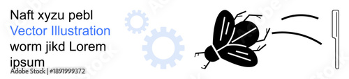 Pest control, entomology, motion dynamics, mechanical systems, education, design concepts. Black insect with motion lines near gears and a vertical line. Pest control and entomology concept