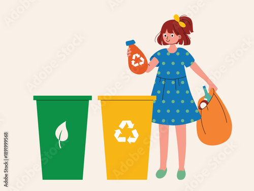 A girl sorts recyclables into green and yellow bins. Minimalist illustration symbolizing environmental stewardship and the importance of waste segregation