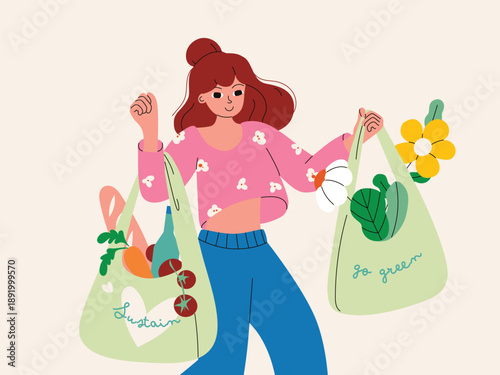 A cheerful woman carrying two eco-friendly tote bags filled with fresh produce and flowers. Minimalist illustration symbolizing environmental consciousness and the eco-friendly movement