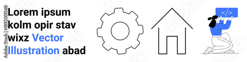 Technology, coding, engineering, home design, placeholder text, creativity display. Gear and house outline next to a person holding a programming screen. Technology and coding concept