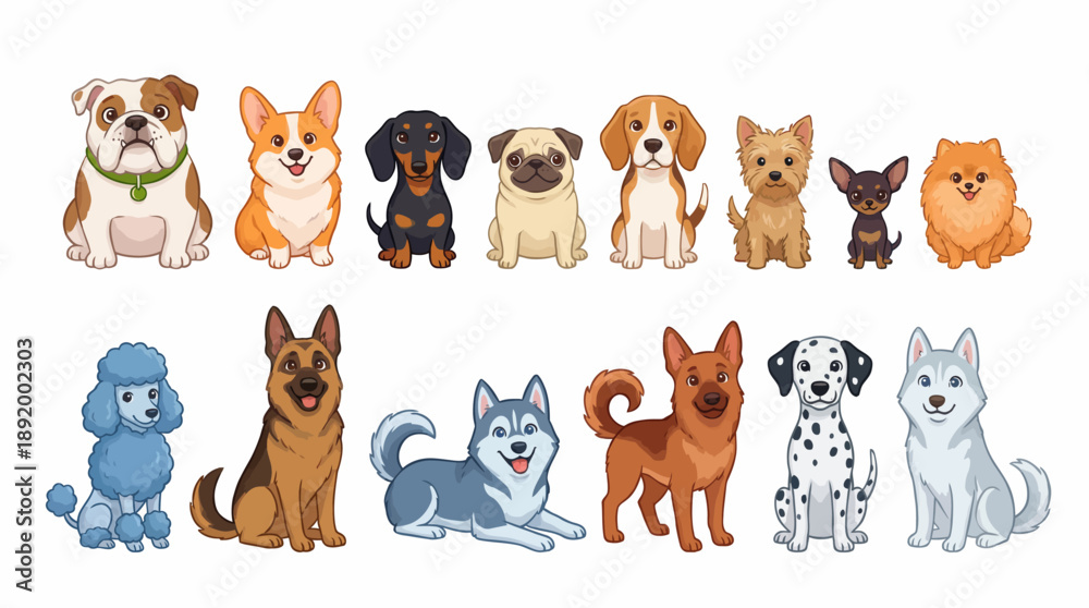 Fototapeta premium Row of cute cartoon dogs in varied breeds - a bright vector illustration for kids' decor, greeting cards, and dog lovers.
