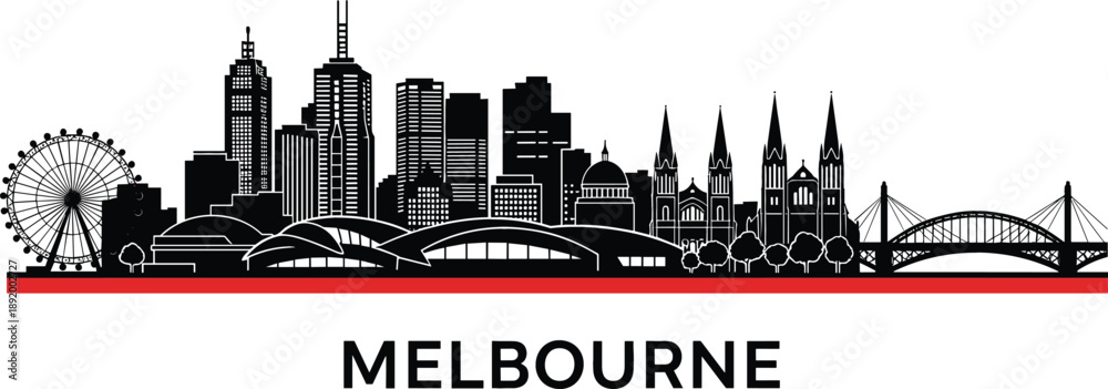 Fototapeta premium Detailed Melbourne city skyline silhouette with St. Paul's Cathedral and Flinders Street Station for Australia travel and urban branding vector