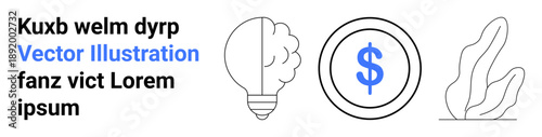 Finance, sustainability, innovation, business strategy, eco-friendly planning, conceptual creativity. Minimalistic icons include a lightbulb, dollar coin and leaf. Finance and sustainability