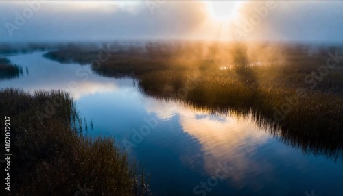 Drone fly through above misty freshwater marsh for world wetlands day