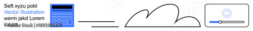 Cloud computing, data management, digital storage, online media, multimedia content, remote work. Calculator, cloud and video playback elements. Cloud computing and data management concept