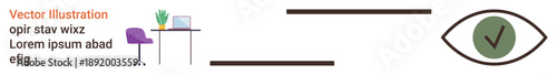 Digital security, workspace setup, authentication, online safety, data protection, visual verification. Workspace with desk and laptop connected to an eye symbol. Privacy and online safety concept