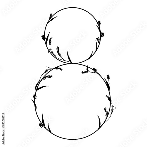 Digit 8 with floral motifs. Numeral eight. Botanical font with herbs and wildflowers. Blooming branches of Polygonum plant. Knotweed or Smartweed flower. Black silhouette on white background.