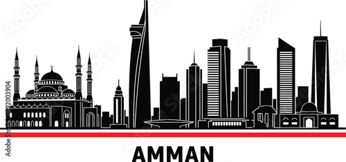 Black silhouette of Amman Jordan skyline featuring King Abdullah Mosque and modern Abdali district skyscrapers vector illustration design