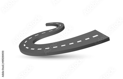 The road is paved in black with white dotted lines. The road is curved, vector 3d illustration isolated on white background for logistics, transport, delivery advertising design