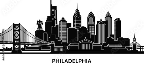 Black silhouette of Philadelphia Pennsylvania skyline featuring Liberty Bell Benjamin Franklin Bridge and city museum landmarks vector illustration