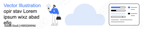 Cloud technology, innovation, idea sharing, data management, business tools, digital workspace. A person holding a lightbulb next to a cloud and interface elements. Cloud technology and innovation