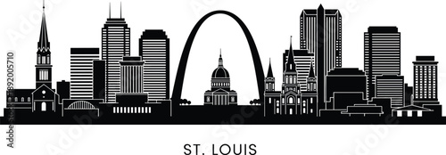 Detailed St. Louis city skyline silhouette with Gateway Arch and historic landmarks for Missouri travel and urban branding vector