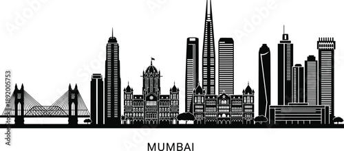 Detailed Mumbai city skyline silhouette with Gateway of India, Bandra-Worli Sea Link, and historic landmarks for India travel and urban branding vector