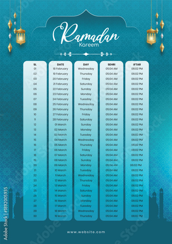 Ramadan kareem islamic calendar template and sehri ifter time schedule