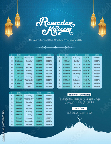 Ramadan kareem islamic calendar template and sehri ifter time schedule