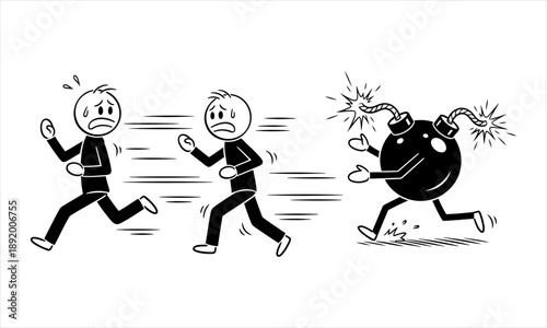 Cartoon of two people running away from a bomb with a fuse