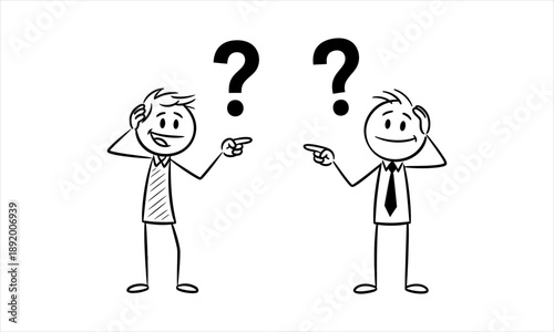 Two confused stick figures pointing at each other with question marks above