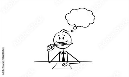 Cartoon businessman thinking with a pencil in his mouth, generating new creative ideas and concepts