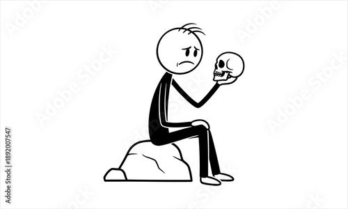 Existential dread and the human condition illustrated by a stick figure holding a skull