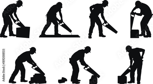 Construction worker sawing concrete blocks silhouette set showing manual labor, masonry cutting process, industrial building work isolated on white