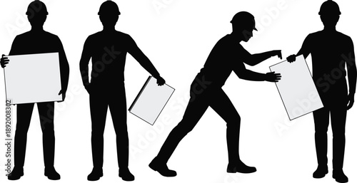 Construction worker silhouette set holding blueprint documents and discussing project planning process isolated on white background