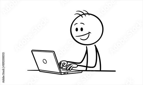 Cheerful stick figure character happily engaged with a laptop, representing productivity and digital work