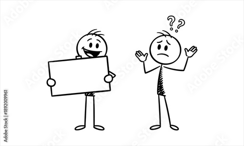 Stick Figure Character Presents Blank Signboard to Confused Person with Questions