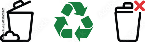 Trash can icons and recycling symbol on white background garbage waste