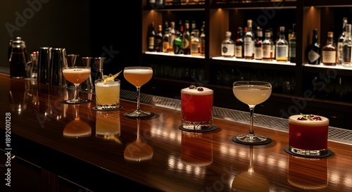 Elegant Cocktail Bar with Various Drinks on Display.