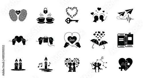 Black Vector Valentine Icons – 15 Original Romantic Concepts in One Frame