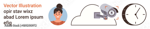 Security systems, cloud technology, data storage, time management, personal identity, privacy tools. Woman avatar, surveillance camera and clock security concepts. Security systems and cloud