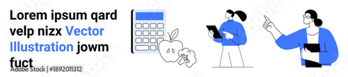 Education, health, teamwork, productivity, learning tools, wellness awareness. Visual includes a calculator, apple and figures discussing information. Education and health