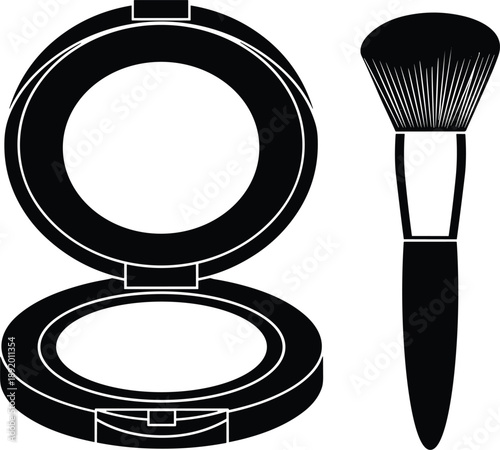 Black and white of open makeup compact and brush