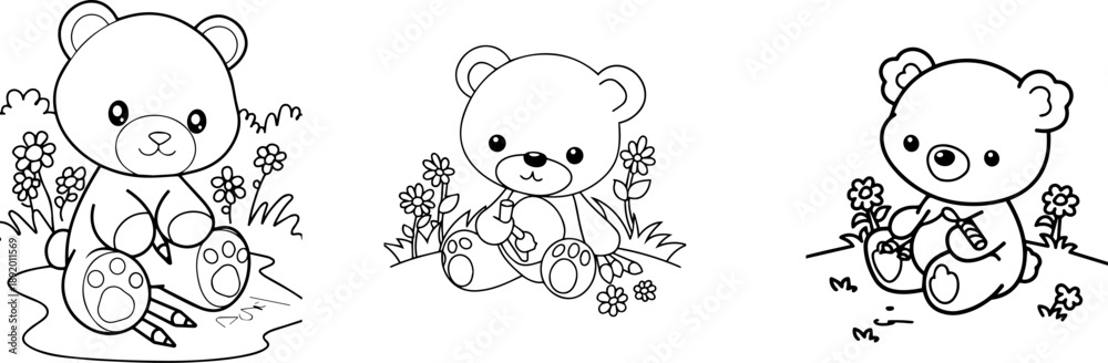 Fototapeta premium Cute Teddy Bear Drawings: A set of adorable teddy bear drawings. Each drawing depicts a teddy bear in a playful pose, surrounded by flowers. The designs feature clean lines.