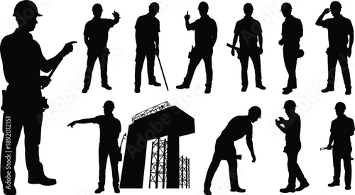 Construction worker silhouettes communicating and directing, engineers pointing with tools, builders coordinating industrial work process isolated on white background studio