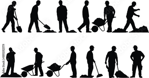 Construction worker silhouettes digging soil with shovel and wheelbarrow, manual labor team, industrial workforce, building site activity concept