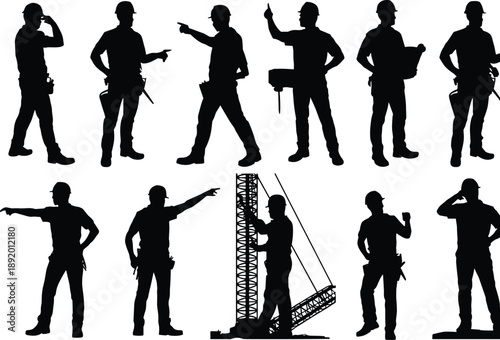 Construction worker silhouettes giving directions, engineers pointing and communicating, builders coordinating industrial work process isolated on white background
