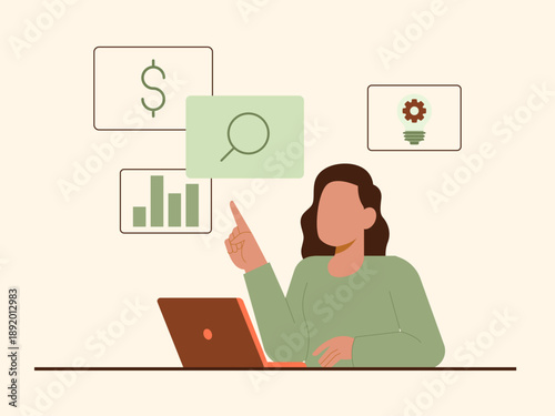 A woman working actively on a laptop, giving advice regarding decision making or presenting ideas. Solopreneur illustration. Flat vector concept.