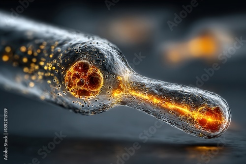 Macro shot of a 3D bioprinter nozzle forming translucent organic tissue in a glass bioreactor with glowing nutrient liquid.