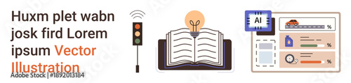 Education, innovation, artificial intelligence, technology integration, learning, safety. Open book with lightbulb, AI tech traffic signal and data tools. Education and innovation