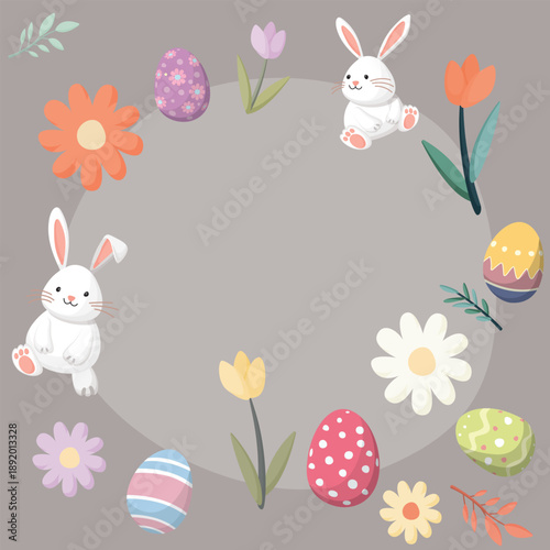 Cute Happy Easter greeting card, poster or banner hand drawn style with gray square background